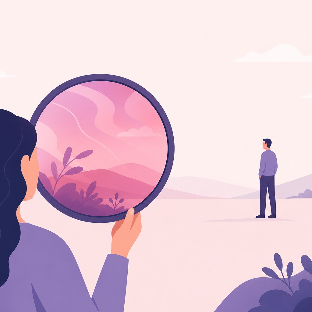 色付きのレンズ越しに景色を見る女性、遠くに立つ人には気づいていない様子