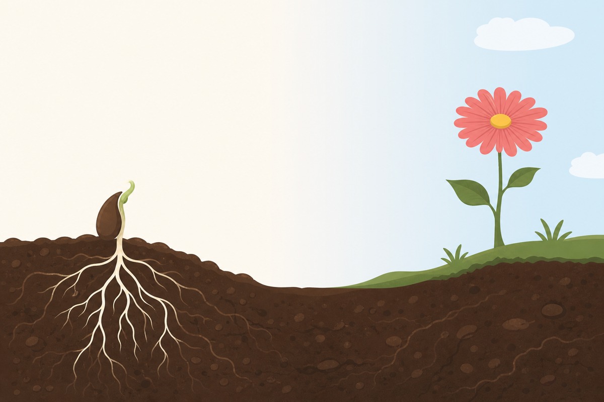 土の中で根を張る種と、地上に咲く一輪の花を対比させたイラスト、見えない潜在意識の土台が現実の恋愛という花を咲かせるイメージ
