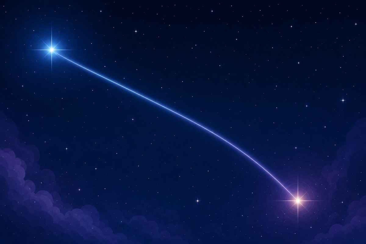 夜空を隔てて離れた場所にある2つの光る点が、一筋の光の橋でつながっている風景イラスト、距離や状況を越えてつながる関係性のイメージ