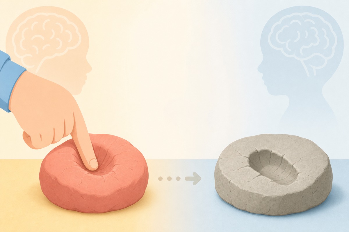 柔らかい粘土に指で跡がついている様子と、隣に置かれた同じ形のまま硬く固まった粘土の対比イラスト、幼少期に刻まれた経験が潜在意識として定着するイメージ