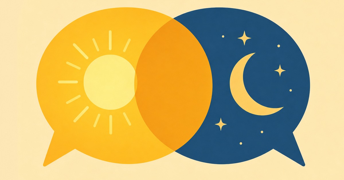 重なり合うが噛み合わない、日中を表す太陽と夜を表す月のふきだし