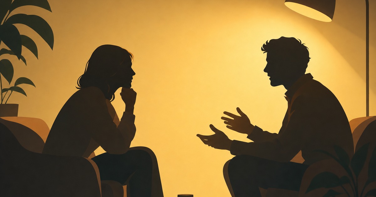 温かい灯りの下で向き合い、じっくり耳を傾け合う二人
