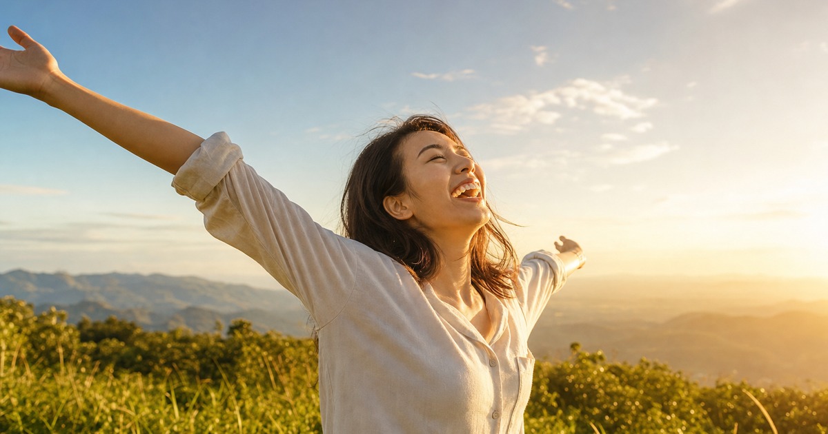 山の上で朝日に向かって両腕を広げ、笑顔で立つ女性