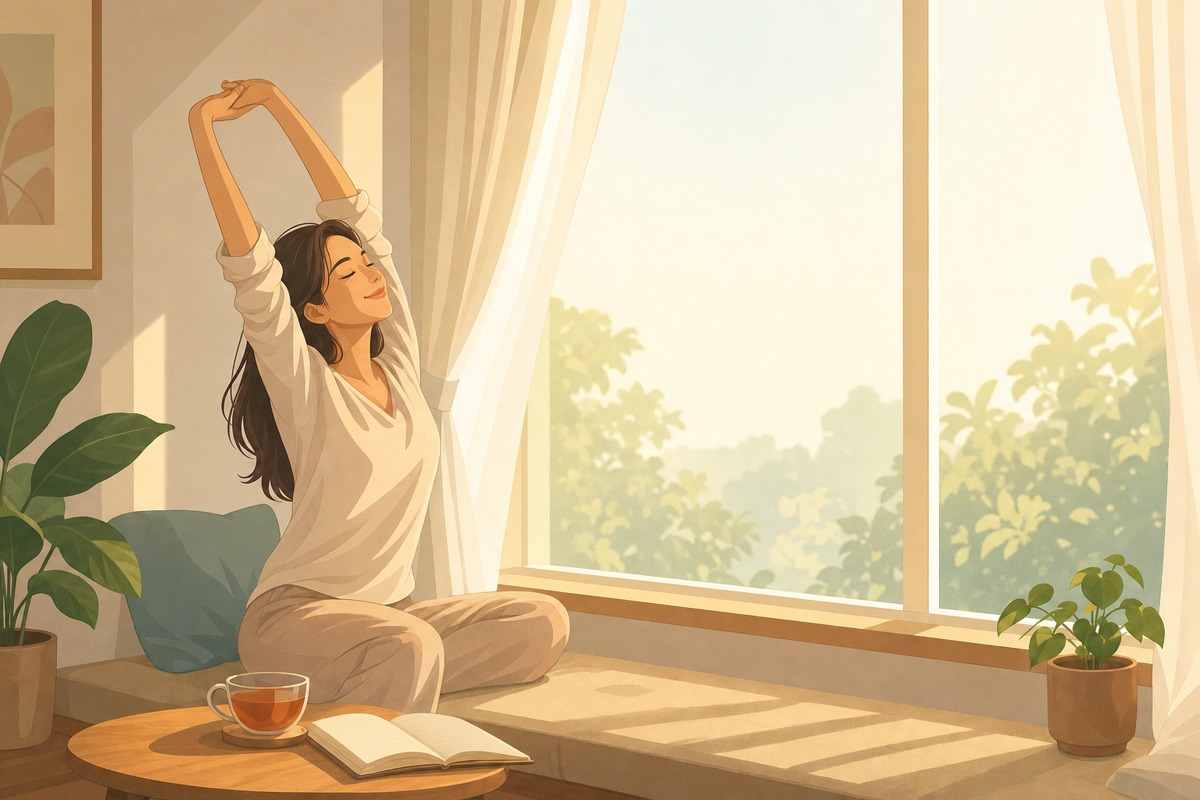 朝の光が差す窓辺でゆっくり伸びをする人物と手帳とお茶