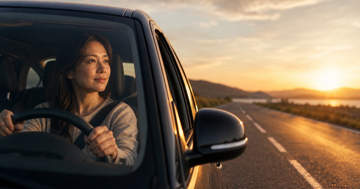 夕暮れの道で車の運転席に座り、前を見つめて発進をためらう女性
