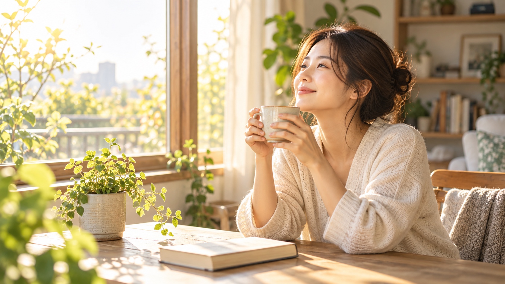 満たされている今この瞬間を、温かい飲み物とともに静かに味わう女性
