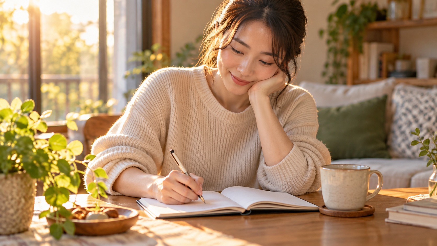 日常で満たされた瞬間をノートに書き出す女性