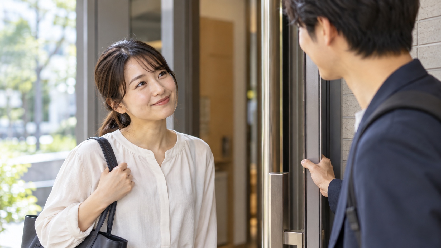 ドアを開けてもらい、感謝を伝える女性