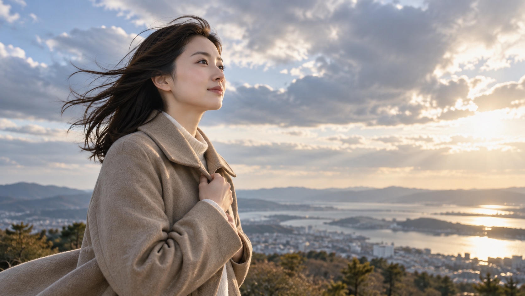 風の中でも落ち着いて遠くを見つめる女性