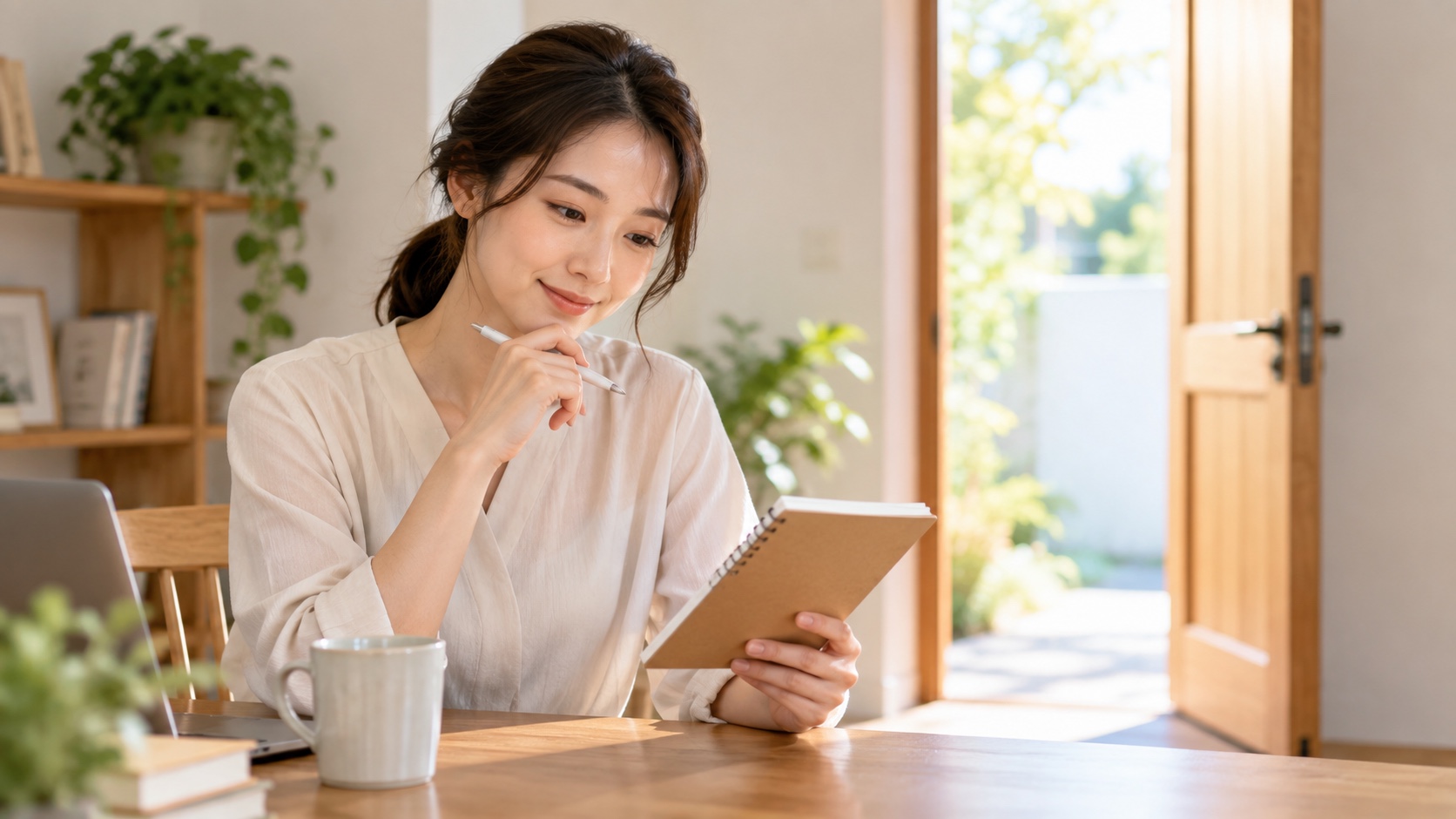 次にどう動くかをノートに整理する女性