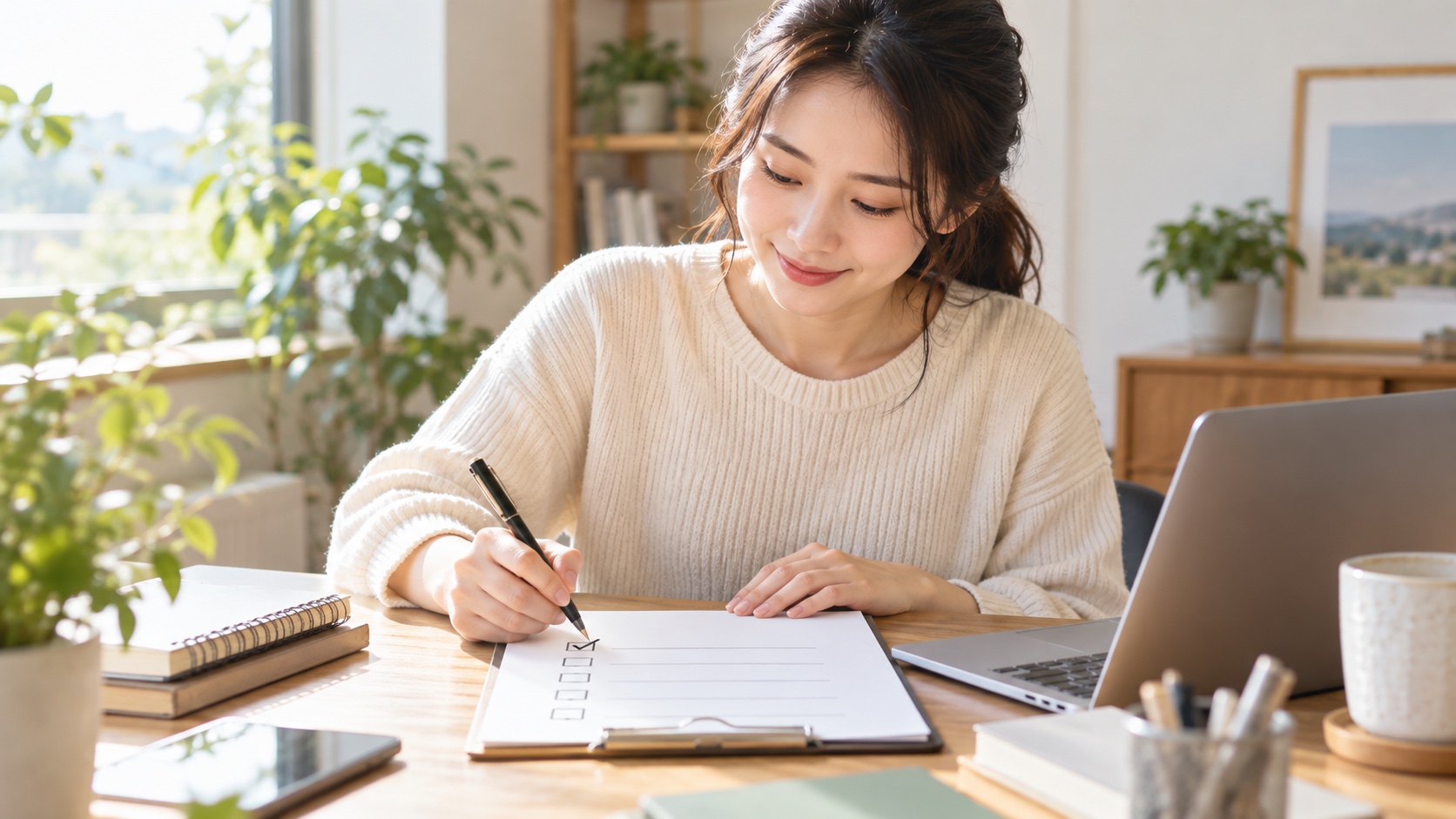 やるべきことを確認し、落ち着いて次の一手を進める女性